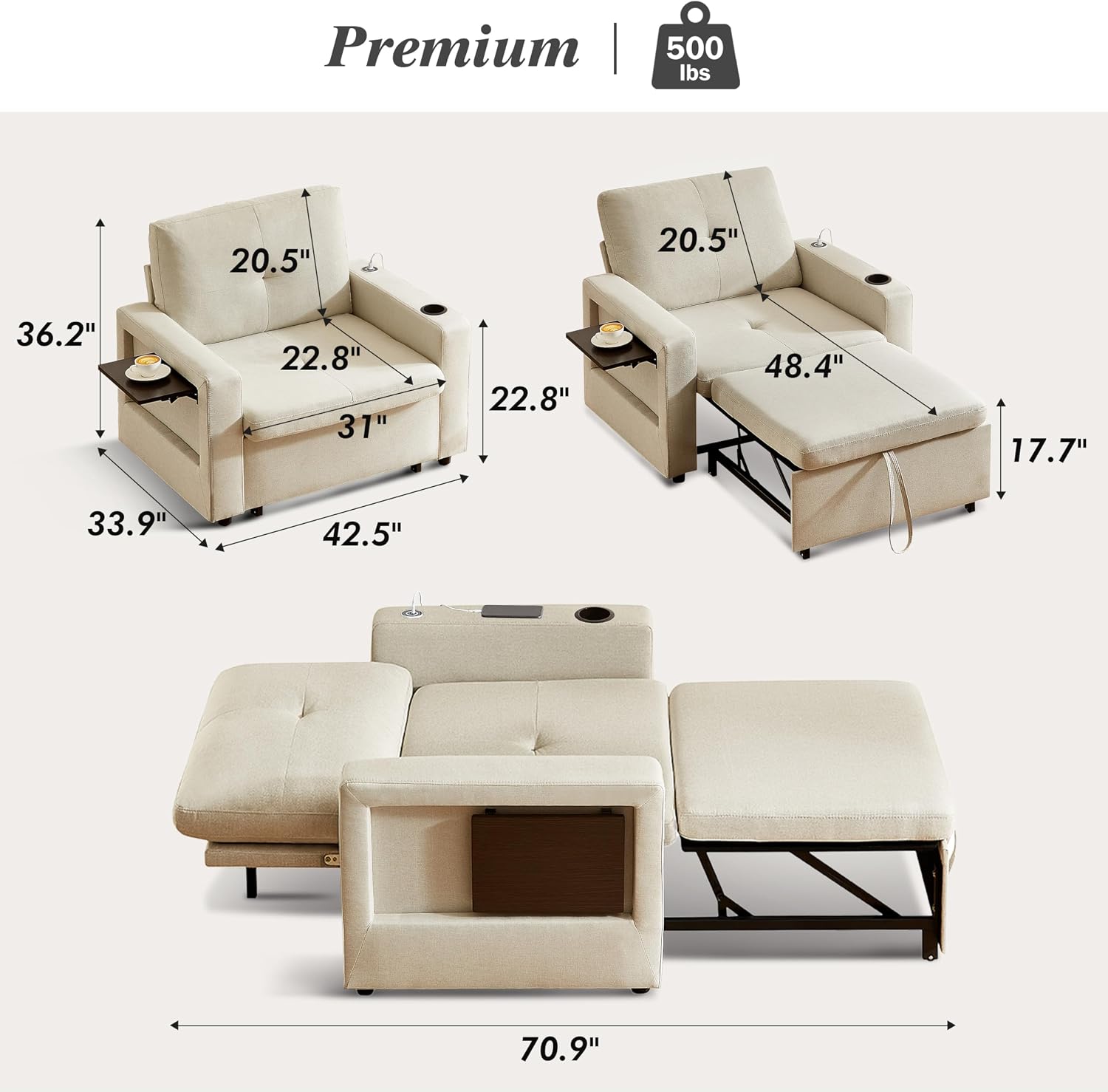 WEUP 42.5' Sleeper Chair Bed, 3-in-1 Convertible Reclining Sofa Chair with Pull Out Couch Bed, Adjustable Backrest, Side Pockets, Cup Holder, USB Ports & Wing Table, Premium Beige