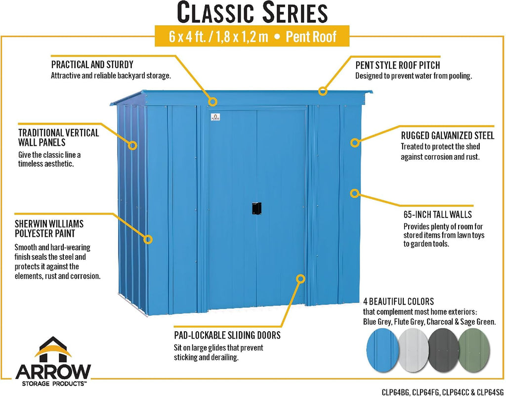 Arrow Sheds 6' x 4' Outdoor Steel Storage Shed, Grey