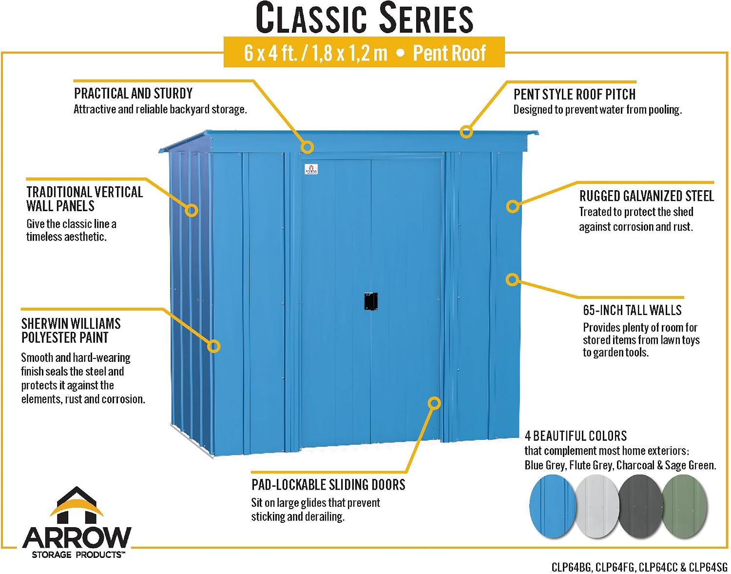 Arrow Sheds 6' x 4' Outdoor Steel Storage Shed, Grey
