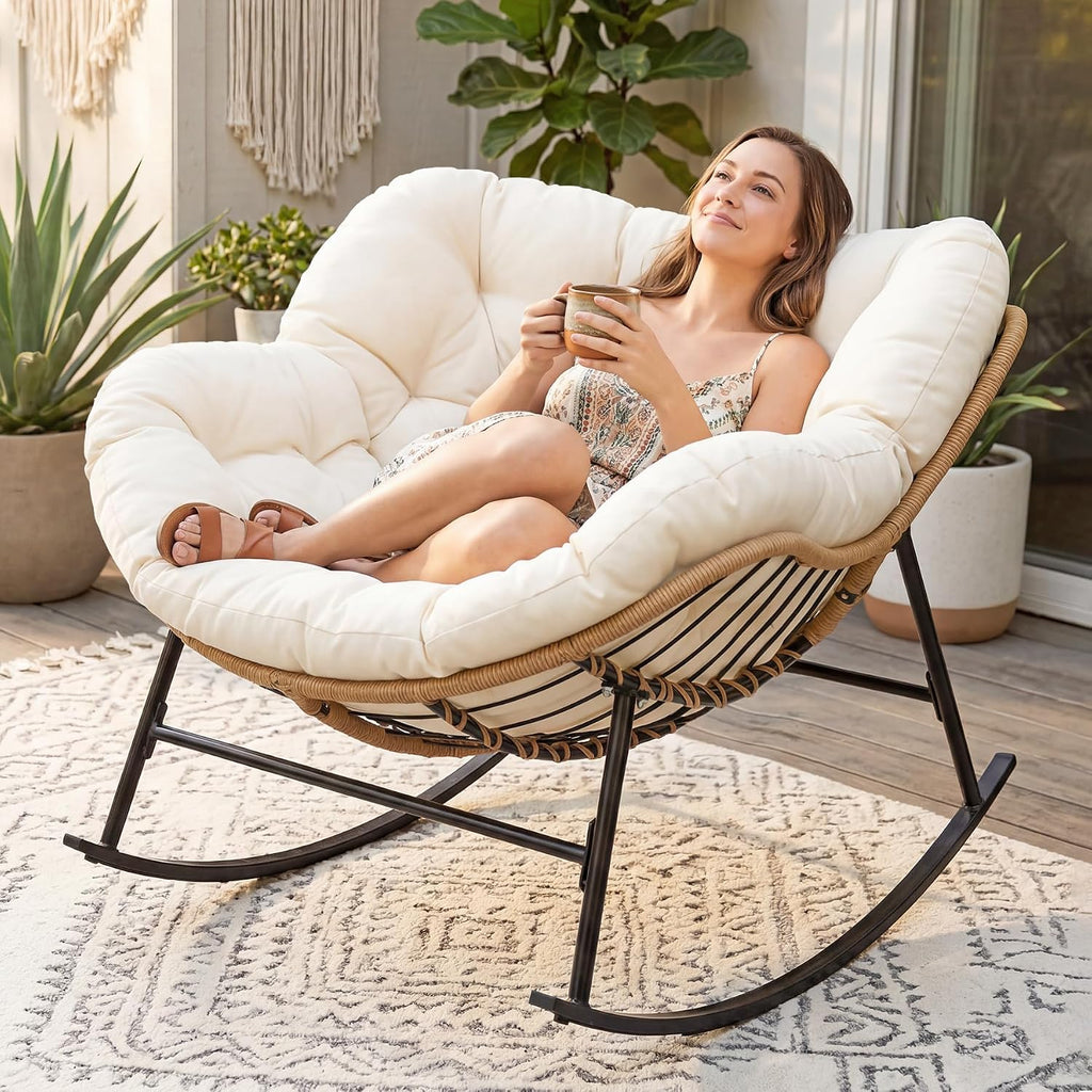 BULEXYARD Oversized Rocking Egg Chair Indoor Outdoor, Wicker Royal Papasan Rocking Chair with Beige Thick Cushion, 450 Lbs Heavy Duty Comfy Recliner Lounge Rocker for Balcony, Porch, Backyard, Lawn