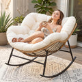 BULEXYARD Oversized Rocking Egg Chair Indoor Outdoor, Wicker Royal Papasan Rocking Chair with Beige Thick Cushion, 450 Lbs Heavy Duty Comfy Recliner Lounge Rocker for Balcony, Porch, Backyard, Lawn