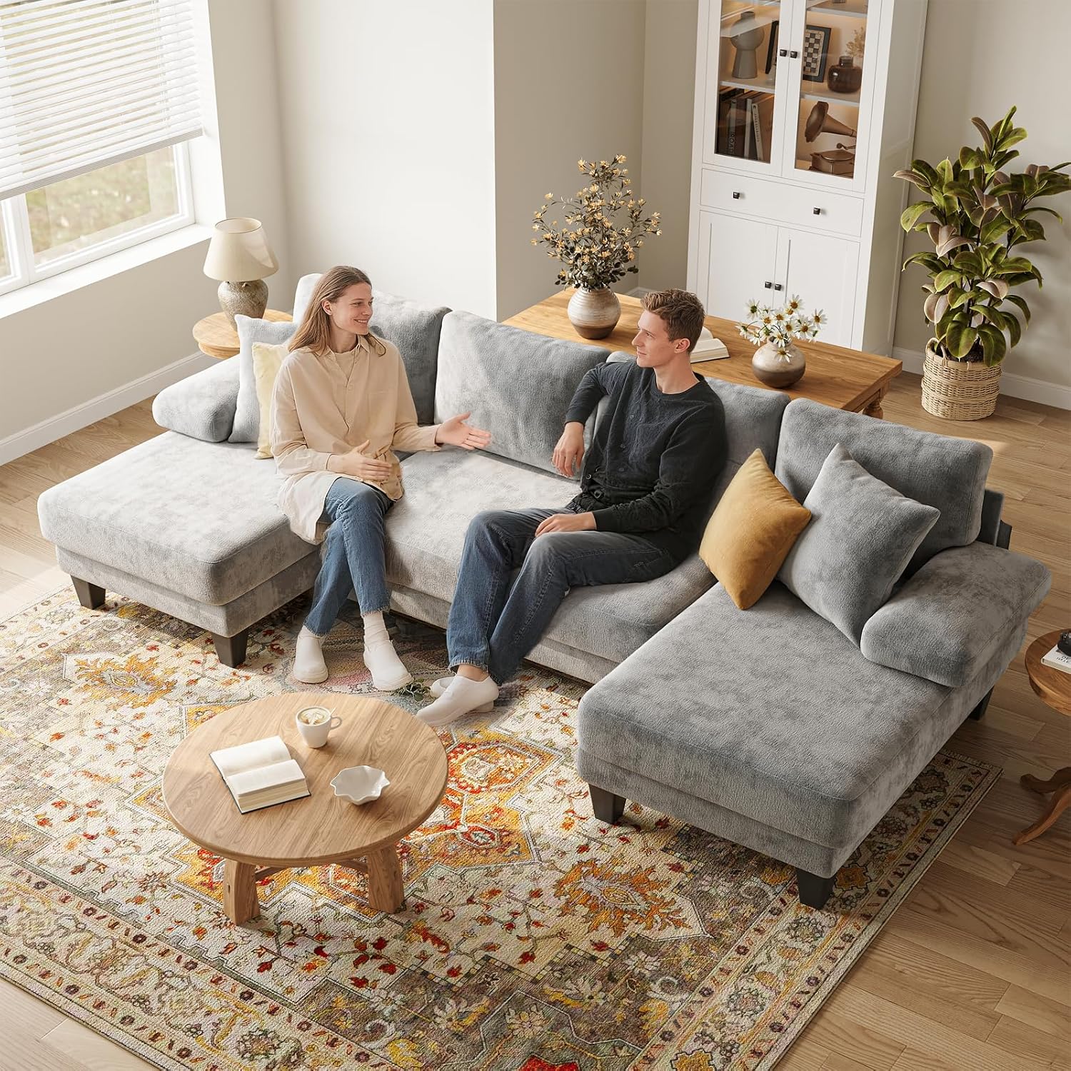 Txtin's Sleeper Sofa with Pull Out Couch Bed | 112 Inch Couches for Living Room | U-Shaped Convertible Sofa Bed | Chenille Light Grey