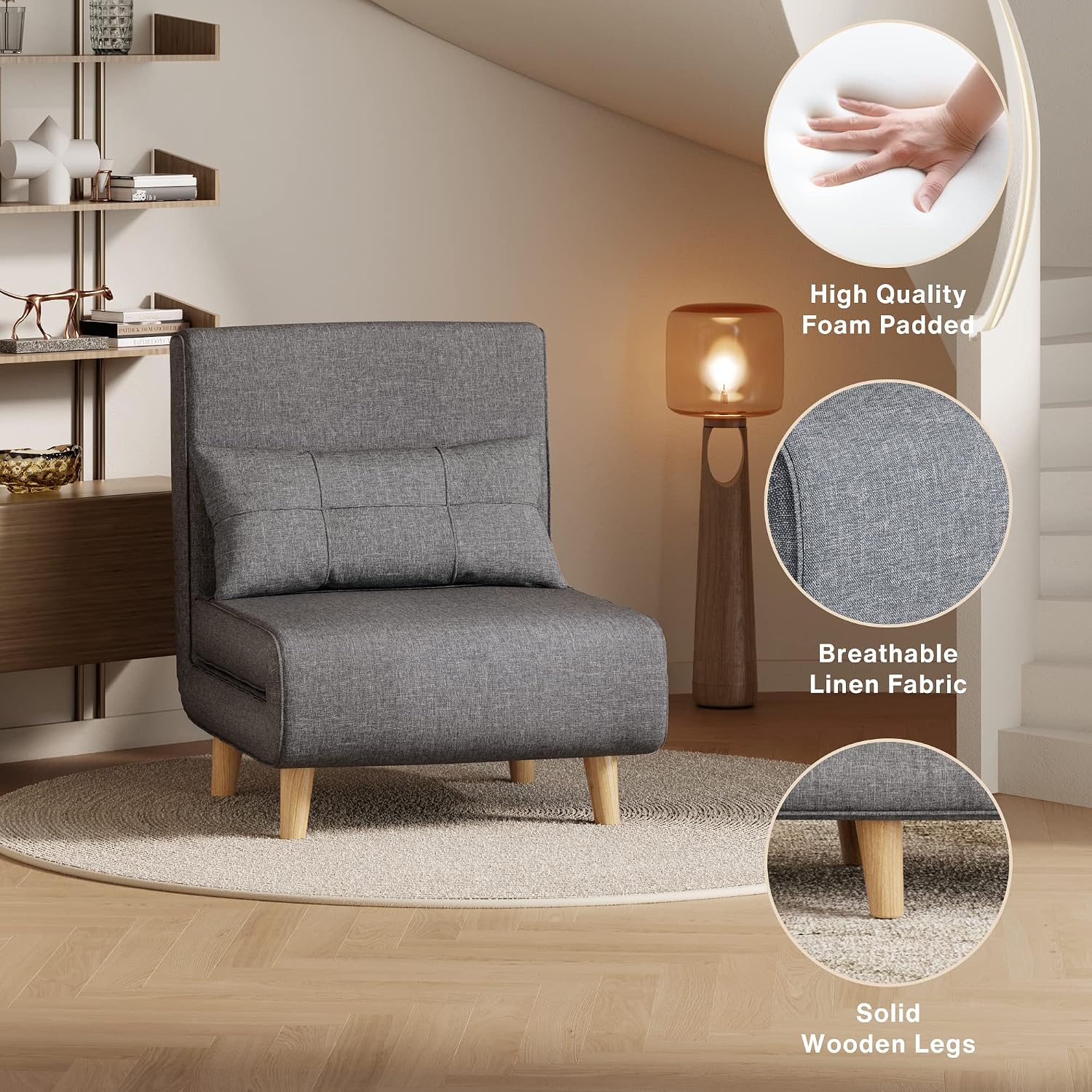Aiho 3 in 1 Sleeper Chair Bed, Convertible Chair Bed Futon Sofa with Adjustable Backrest, Accent Chair for Apartment/Bedroom/Office, Dark Grey