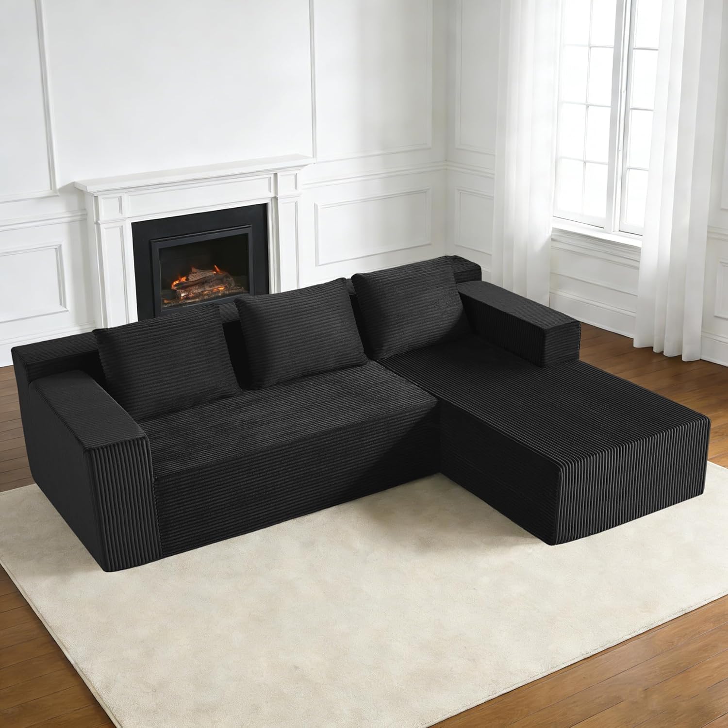 Nigoone 103' Cloud Sectional Sofa, Boneless L-Shape Couch with Chaise, Modern Minimalist Modular Couch for Living Room, Free Combination, Deep Seat, No Assembly Required, Premium Corduroy, Black, R
