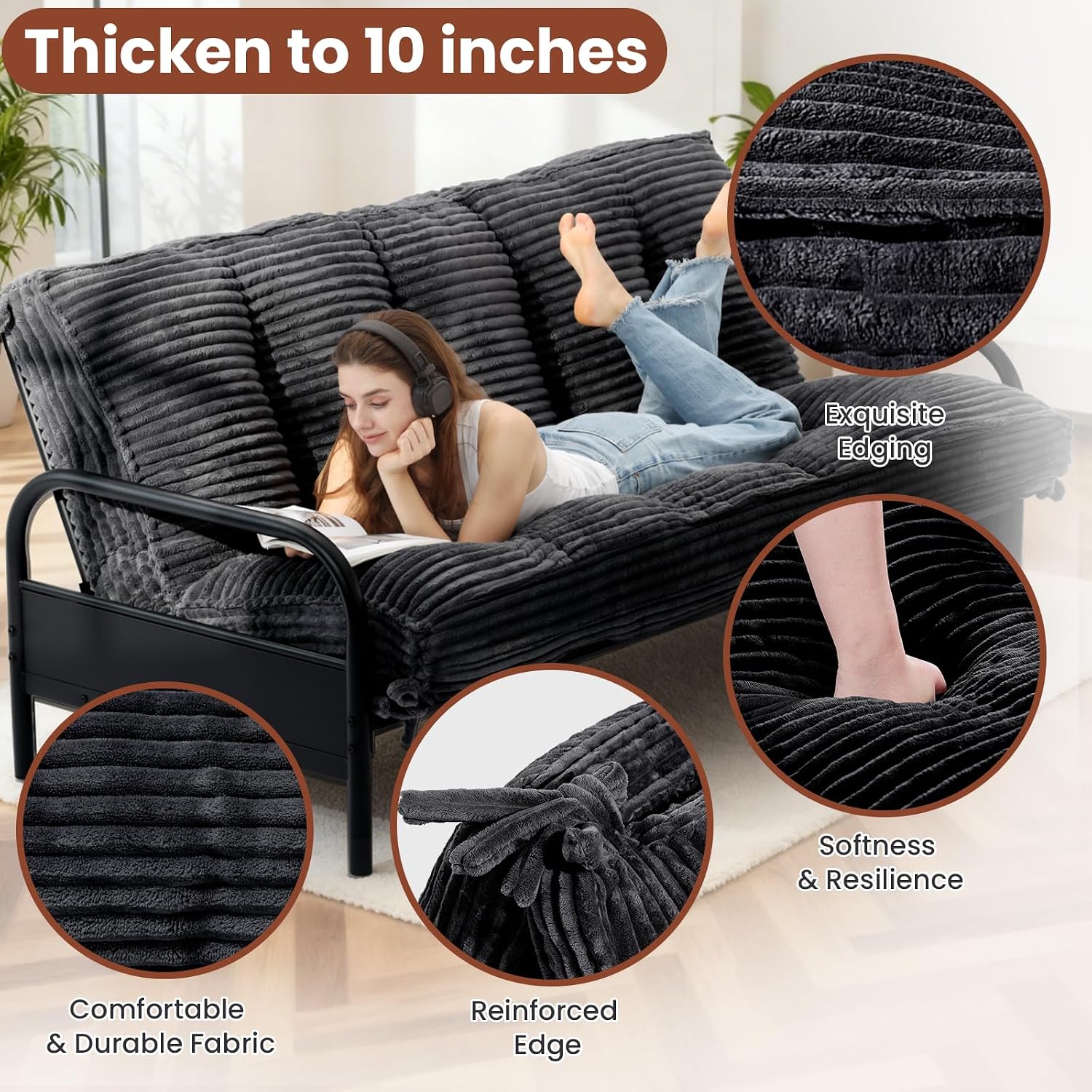 10 Inch Thick Futon Mattress, Shredded High Density Foam Floor Mattress, Portable Foldable Sleeping Mattress, Corduroy Lounger Bed for Guest Room Dorm Apartment Camping Travel