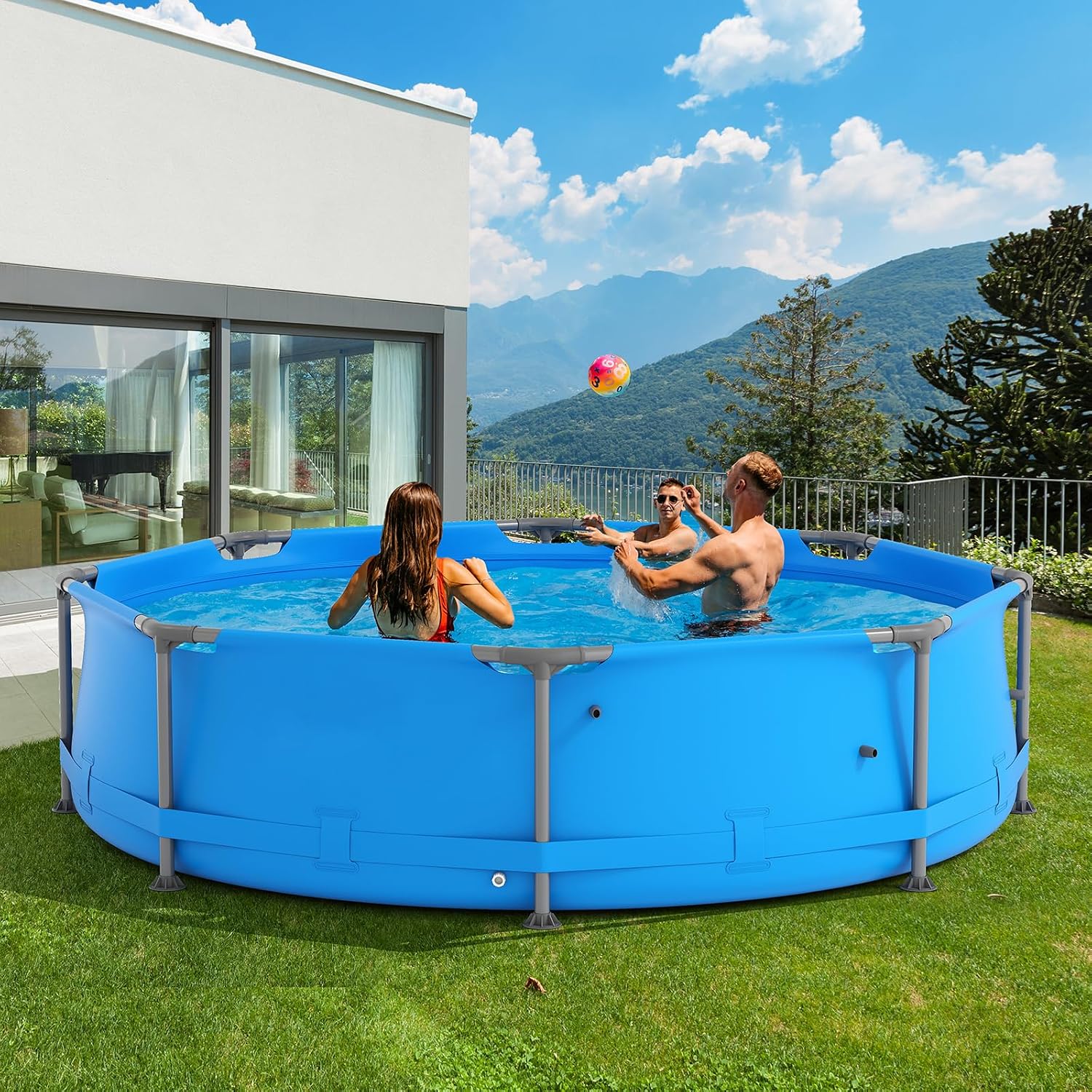 GYMAX 10ft x 30in Metal Frame Above Ground Swimming Pool, Outdoor Backyard Famliy Pool Set with Puncture-Resistant Fabric, Drainage Valve Connector for Kids & Adults (10' x 30', Round, Blue)