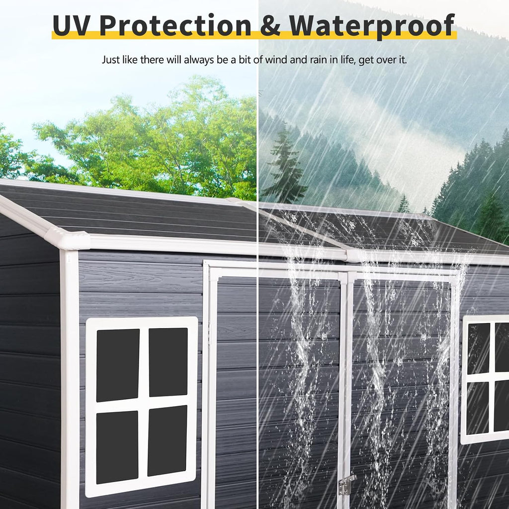 Ball & Cast 4x8 FT Resin Outdoor Storage Shed,Waterproof Garden Organizer Tool House with Floor & Two Windows,Backyard Cabinet w/Lockable Door and Ventilation,Shelter for Car,Bike,Lawnmower,Black