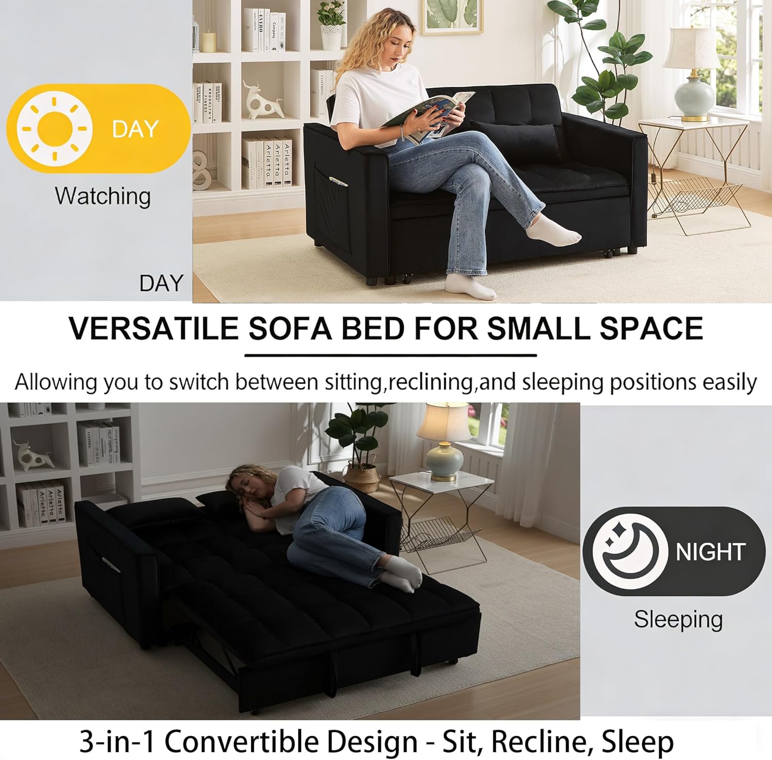 70' 3-in-1 Velvet Sleeper Sofa Bed, Convertible Pull Out Couch w/Adjustable Back, Armrests & Storage. Modern Black Futon for Living Room, Bedroom, Small Space - 2 Pillows Included Black