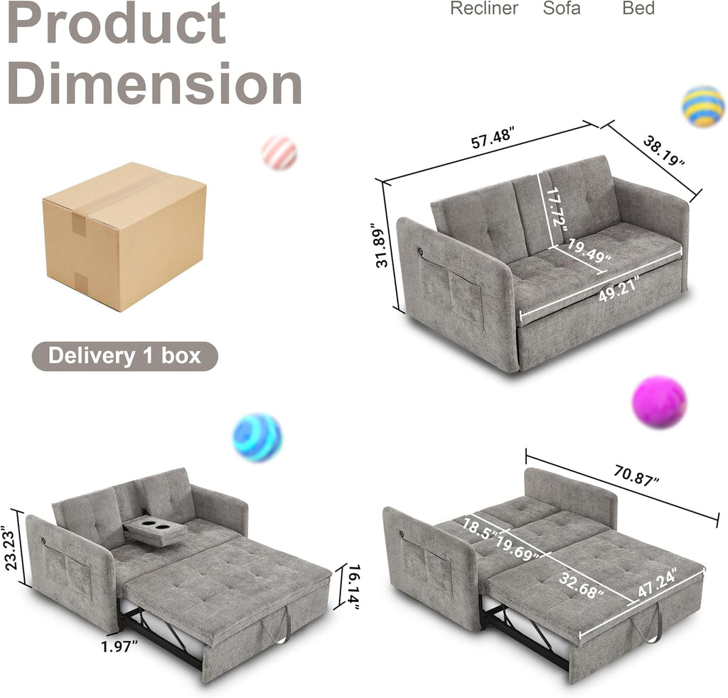 57.48' Convertible Sofa Bed with Cup Holder, Pull Out Sleeper Sofa Bed with USB Charging Ports, 3 in 1 Convertible Sleeper Sofa Bed for Living Room, Apartment, Bedroom, RV, Grey