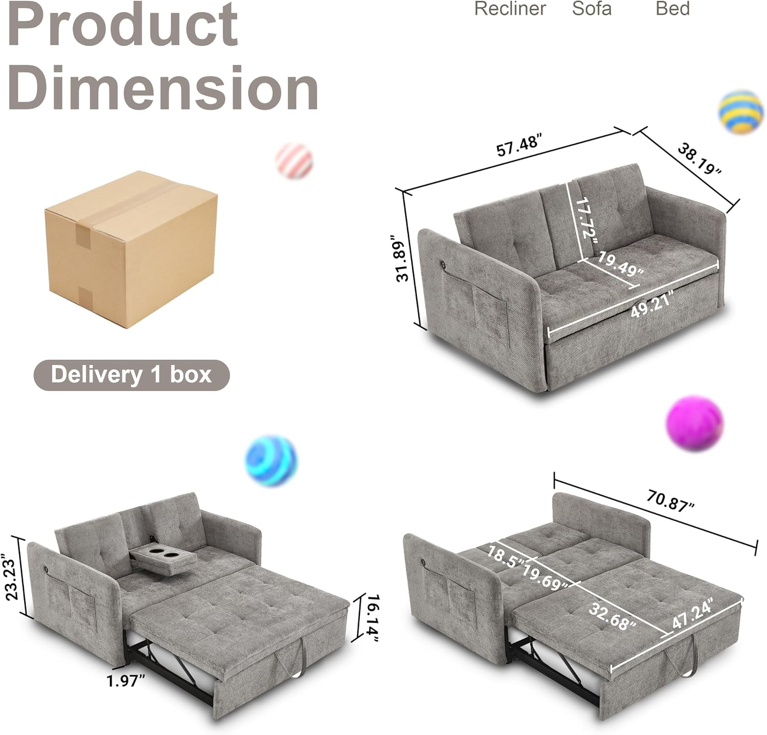 57.48' Convertible Sofa Bed with Cup Holder, Pull Out Sleeper Sofa Bed with USB Charging Ports, 3 in 1 Convertible Sleeper Sofa Bed for Living Room, Apartment, Bedroom, RV, Grey