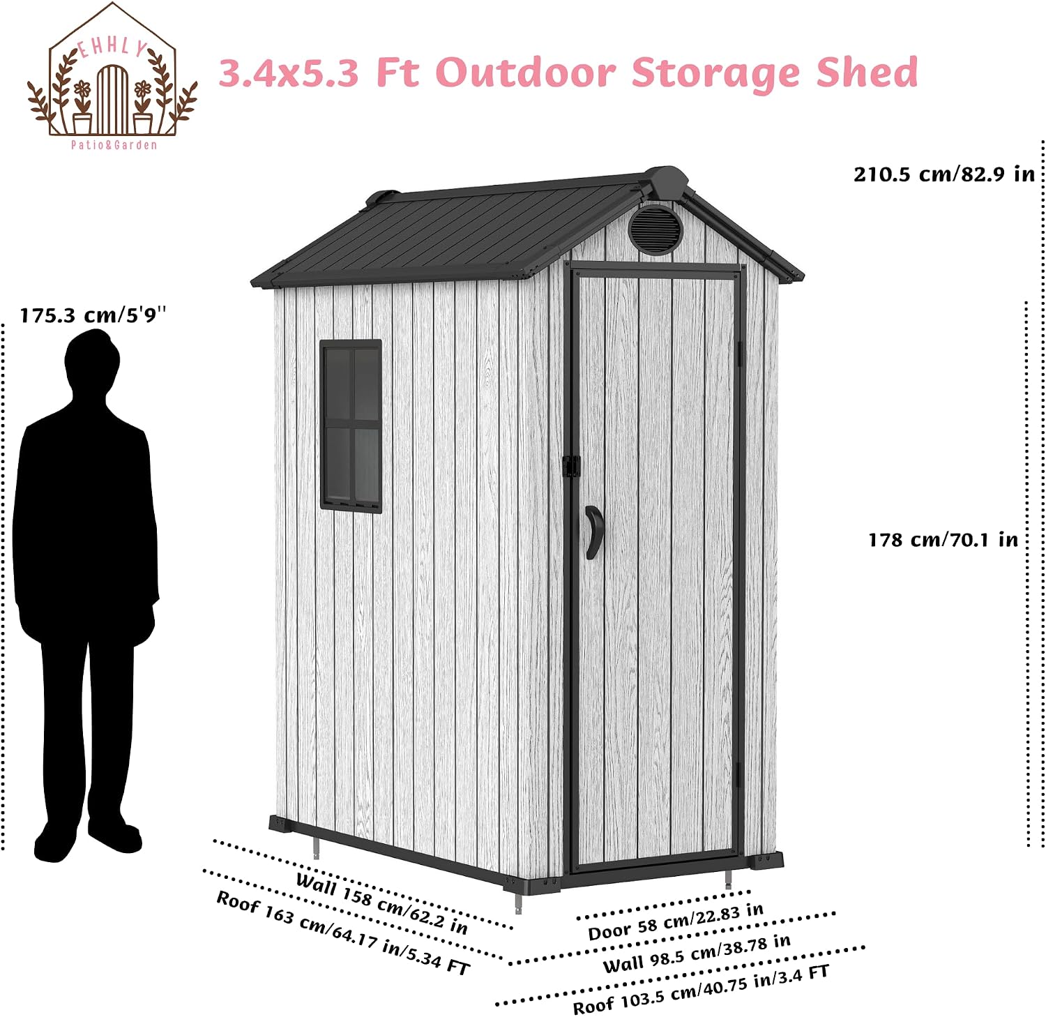EHHLY Outdoor Storage Shed 3x5 FT, Resin Shed with Floor, Window & Vents, Waterproof Plastic Shed with Lockable Door for Backyard, Patio, Lawn, Gray