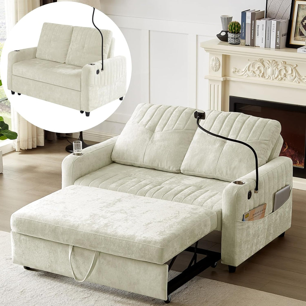 Merax Chenille 3-in-1 Pull Out Sleeper Sofa Bed Couch, 54' Convertible Futon Loveseat with Adjustable Backrest, 2 Cup Holders, Phone Stand, 3 Charging Ports and Storage Pockets for Living Room, Beige