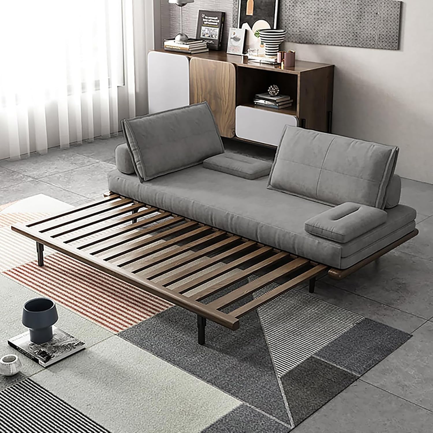 homary Modern Pull Out Sofa Bed Khaki Sleeper Sofa 78.7'' Mid Century Wood Convertible Sofa with Pull Out Bed Cotton & Linen (Gray)