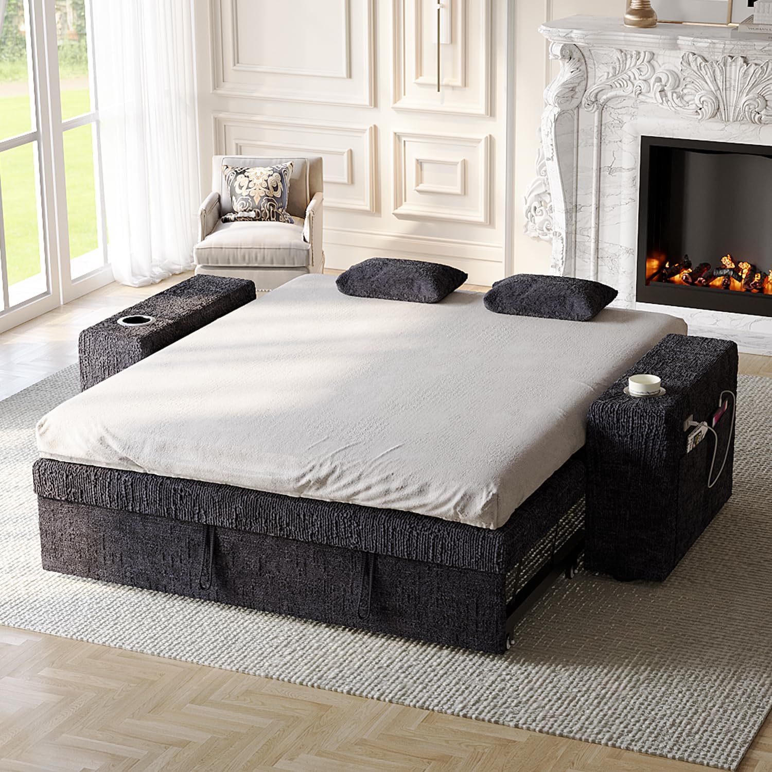 63 Inch Sleeper Sofa Bed, 4 in 1 Pull Out Couch Bed with Adjustable Backrest, Small Loveseat with Wide Armrest | USB Charging | Side Pockets | Cup Holders | Tool Free Assembly, Luxury Black