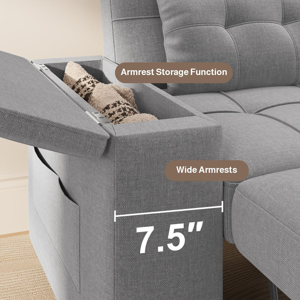 Ahomly 87' Convertible Sofa Bed – Space-Saving Sleeper with Pull-Out Design, Adjustable Backrest, Wide Armrests with Storage, Plush Cushions, Cozy for Small Spaces (Light Grey)