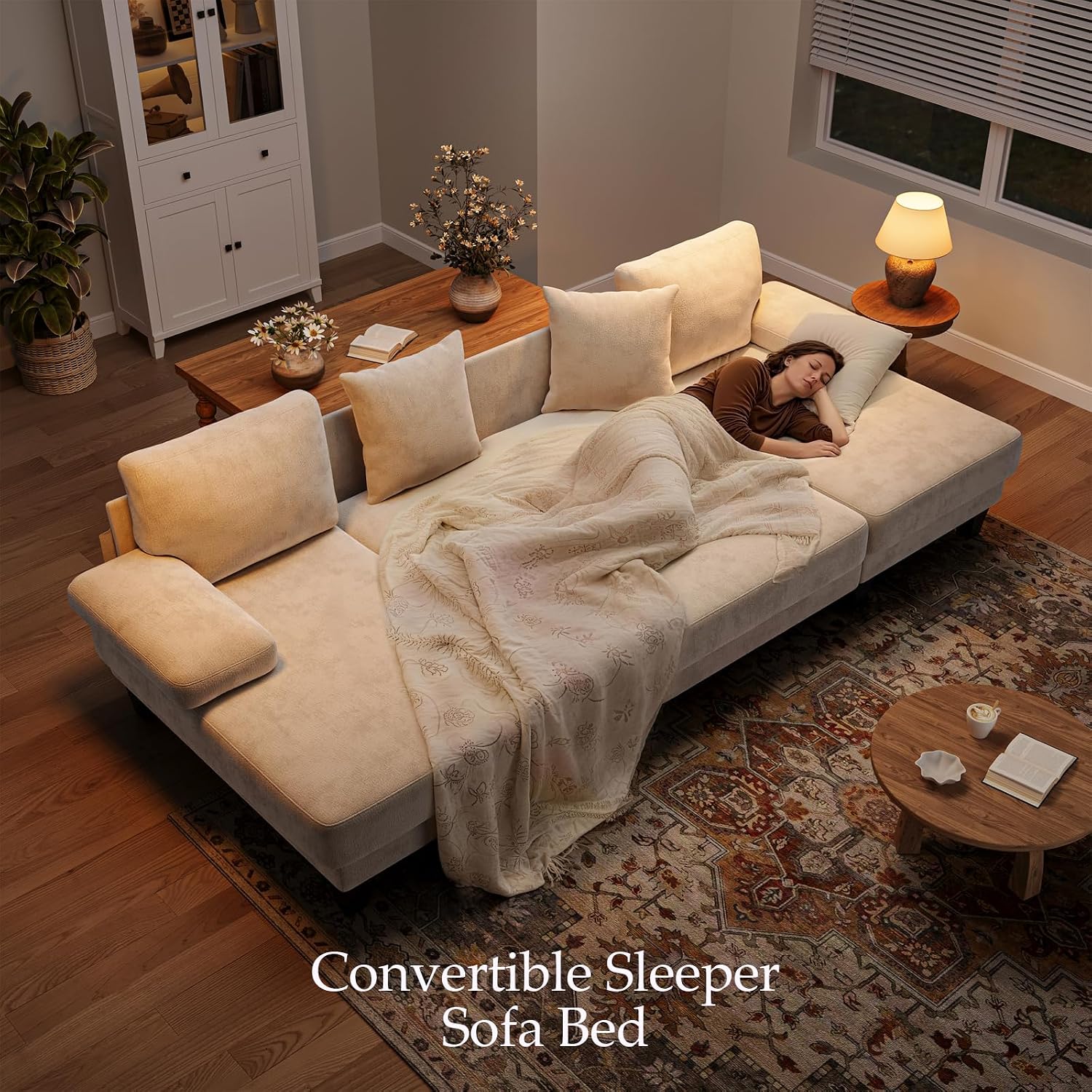 Txtin's Sleeper Sofa with Pull Out Couch Bed | 112 Inch Couches for Living Room | U-Shaped Convertible Sofa Bed | Chenille Warm White