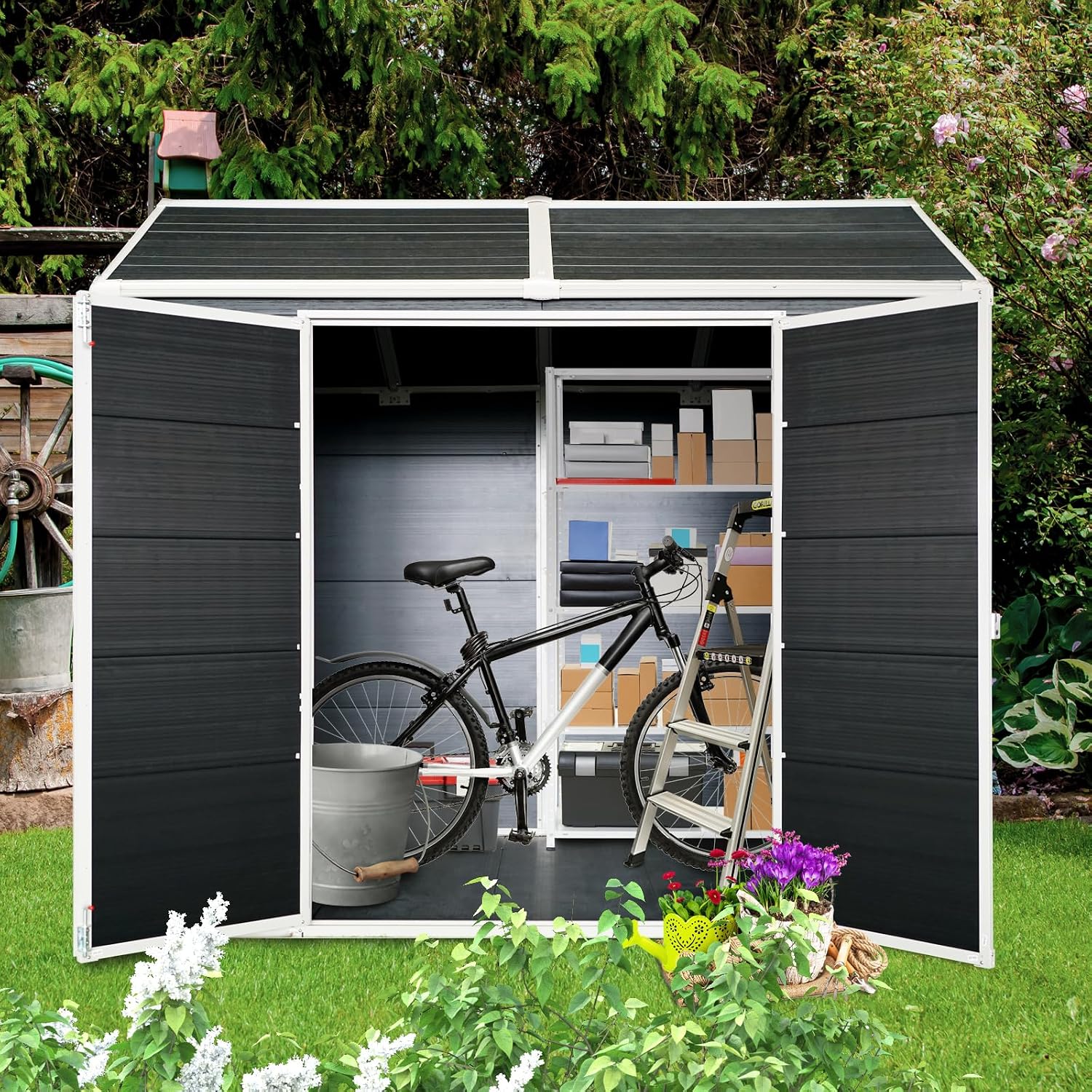 Ball & Cast 4x8 FT Resin Outdoor Storage Shed,Waterproof Garden Organizer Tool House with Floor & Two Windows,Backyard Cabinet w/Lockable Door and Ventilation,Shelter for Car,Bike,Lawnmower,Black