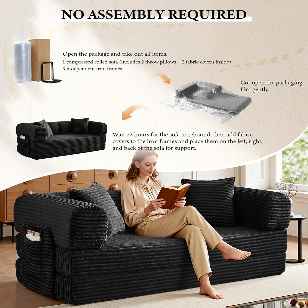 Boneless Couch Futon Sofa Bed Sectional Couches for Living Room,Cloud Couch with Sleeper Sofa,Sofas for Living Room Oversized Corduroy Upholstered (Black, 81 Inches (with Iron Frame))