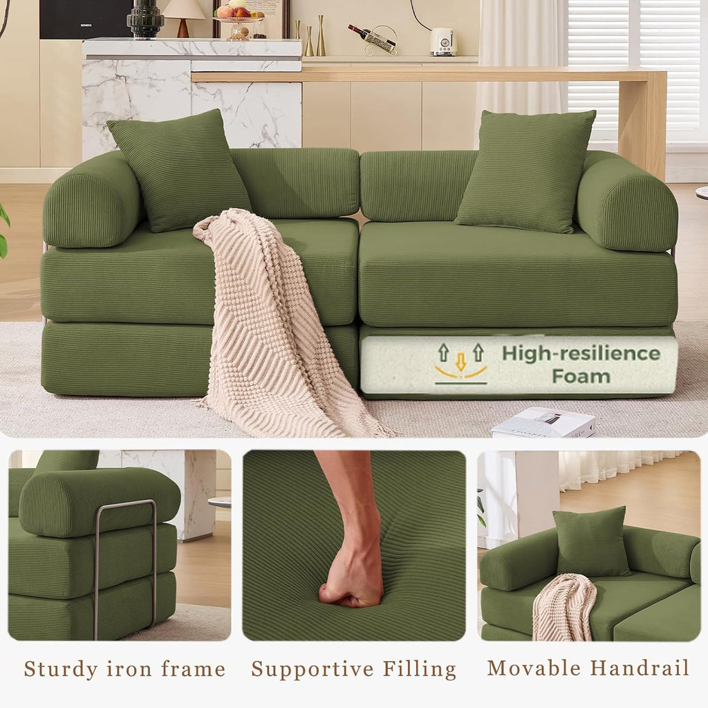 73' Convertible Modular Folding Sofa Bed, 5-in-1 DIY Combination Fold Out Sleeper Sofa Bed, Loveseat sleeper Couch with Removable Armrests, Corduroy Floor Couch, Small couches for small spaces, Green