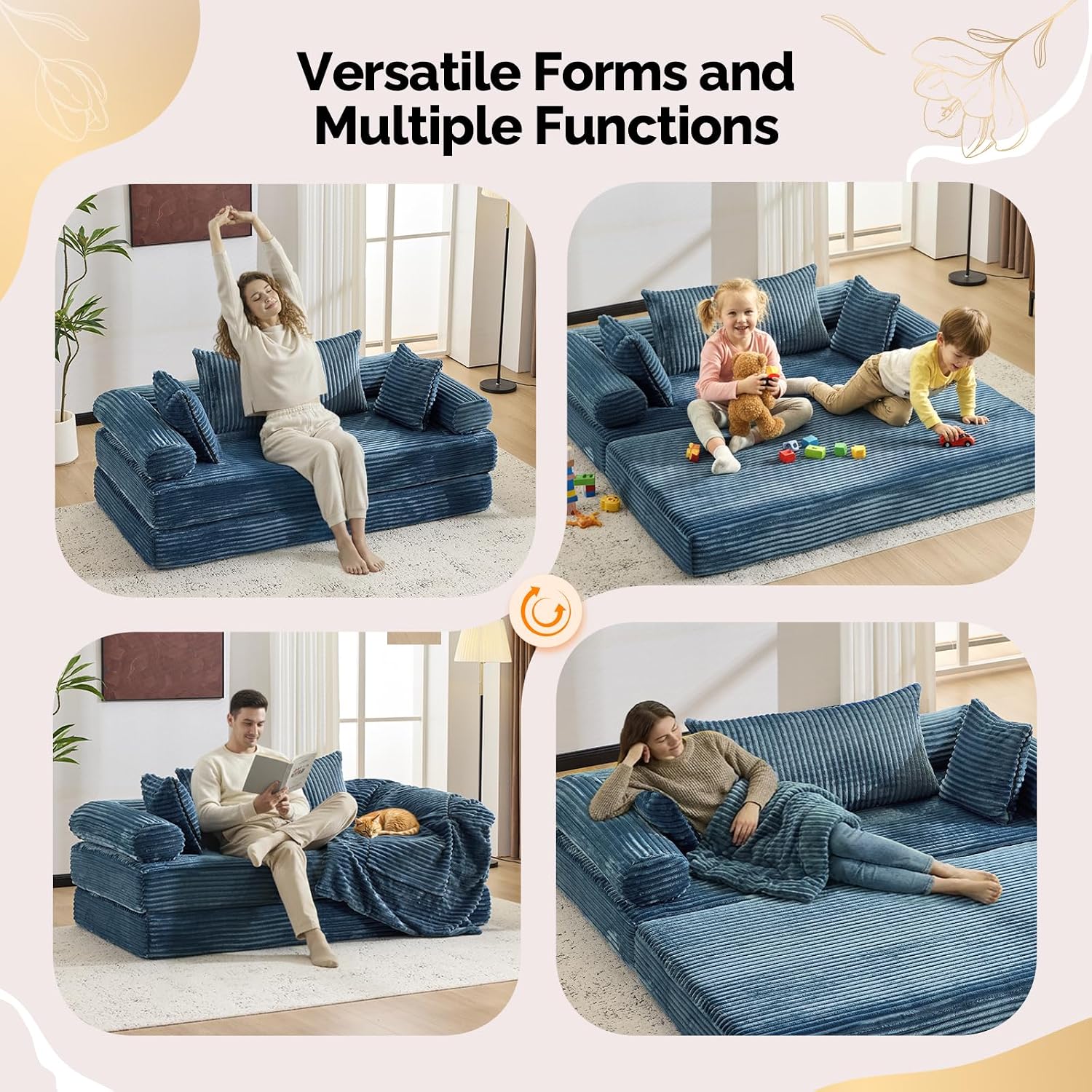 VINGLI Convertible Futon Sofa Bed, Upholstered Corduroy Boneless Couch King Size Floor Loveseat Sleeper Sofa with 2-in-1 Throw Pillow & Blanket Couches for Living Room, Bedroom, Lounge, Navy Blue