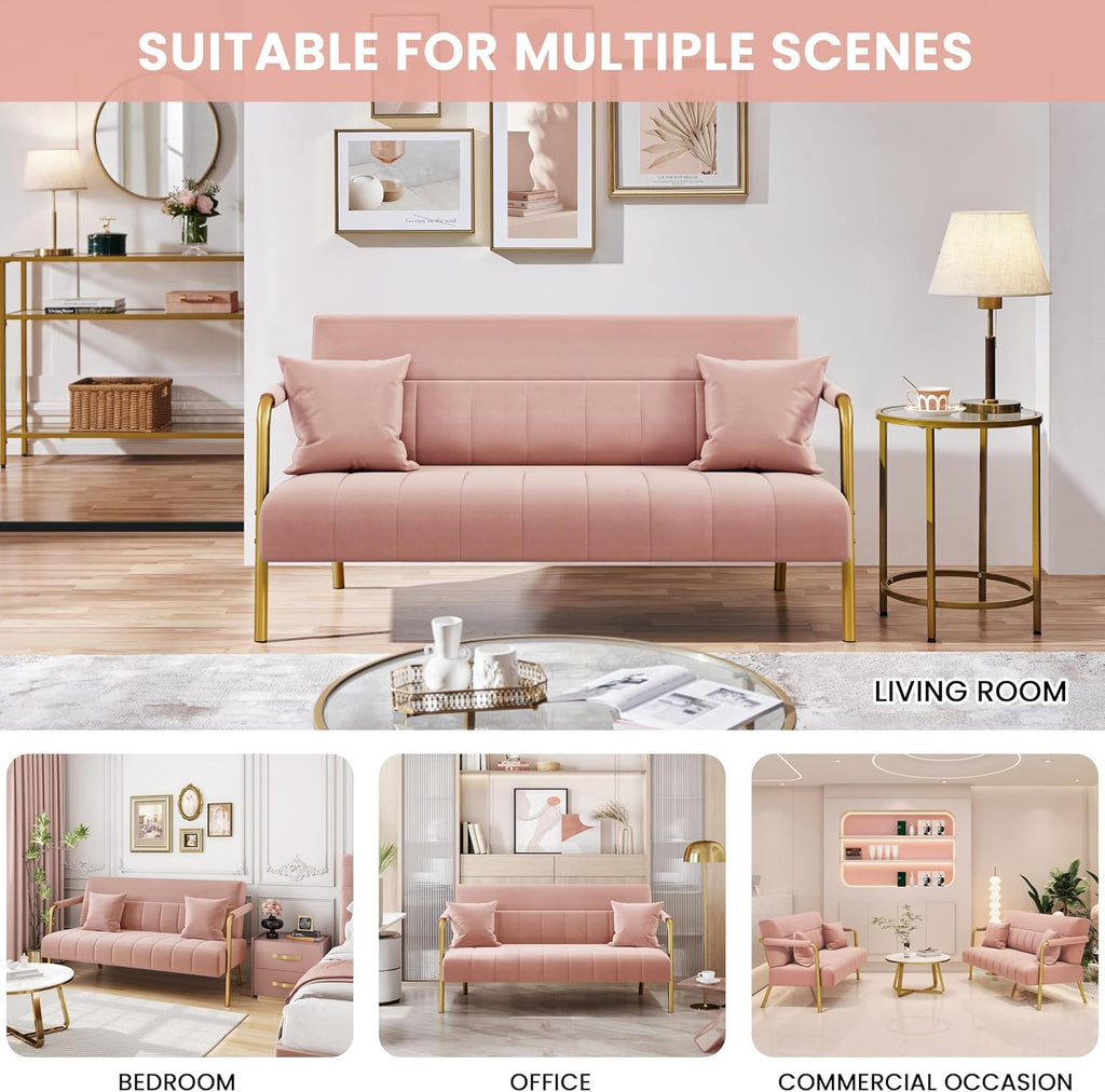 Yaheetech 56.5' W Modern Sofa Small Sofa Luxurious Velvet Fabric Couch with Gold-Tone Metal Arms and Legs for Living Room, Home Office, Studio Pink