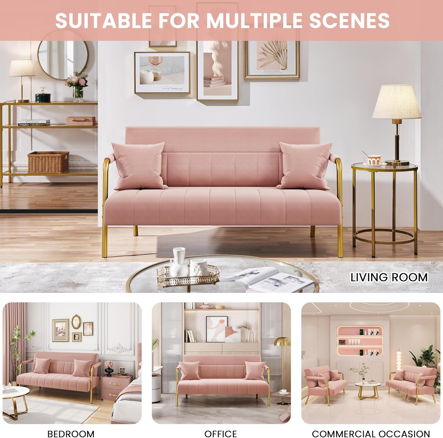 Yaheetech 56.5' W Modern Sofa Small Sofa Luxurious Velvet Fabric Couch with Gold-Tone Metal Arms and Legs for Living Room, Home Office, Studio Pink