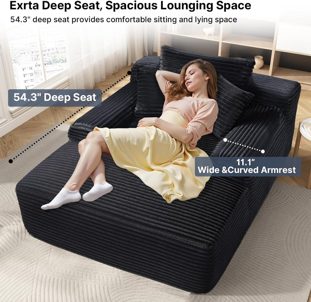 65'' Chaise Lounge Chair Indoor, Black Corduroy Sofa Bed, Boneless Lounge Chair, Oversized Sleeper Sofa, Black Corduroy Cloud Couch Reading Chair for Living Room No Assembly