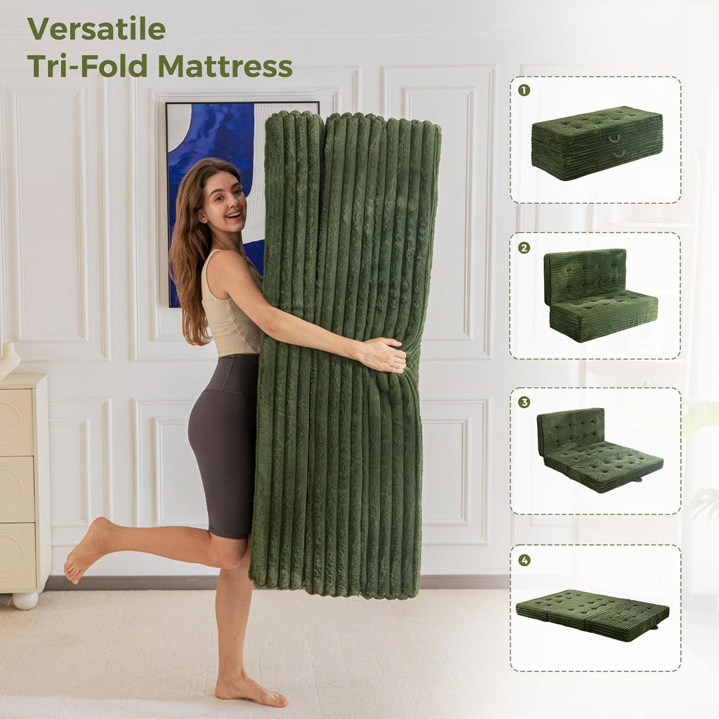 MAXYOYO Floor Sofa Couch, 6 Inch Tri-Fold Floor Sofa Bed, Folding Mattress with Handles, Soft Faux Fur Folding Bed with Supportive Foam Filling, Portable Couch for Living Room, Full, Dark Green