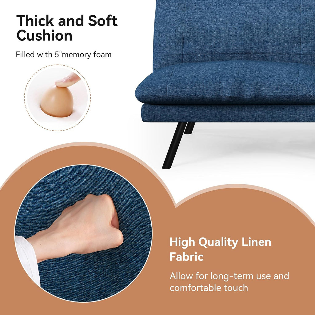 Futon Sofa Bed Convertible Couch, Blue Linen Sofa Bed with Adjustable Backrest, Multifunctional Small Loveseat Sleeper Sofa for Living Room, Apartment, Office