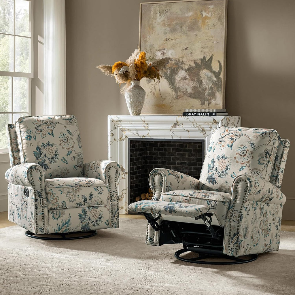 HULALA Home Rocker Recliner Set of 2, Modern Printed Fabric Swivel Glider with Adjustable Backrest & Footrest, Teal
