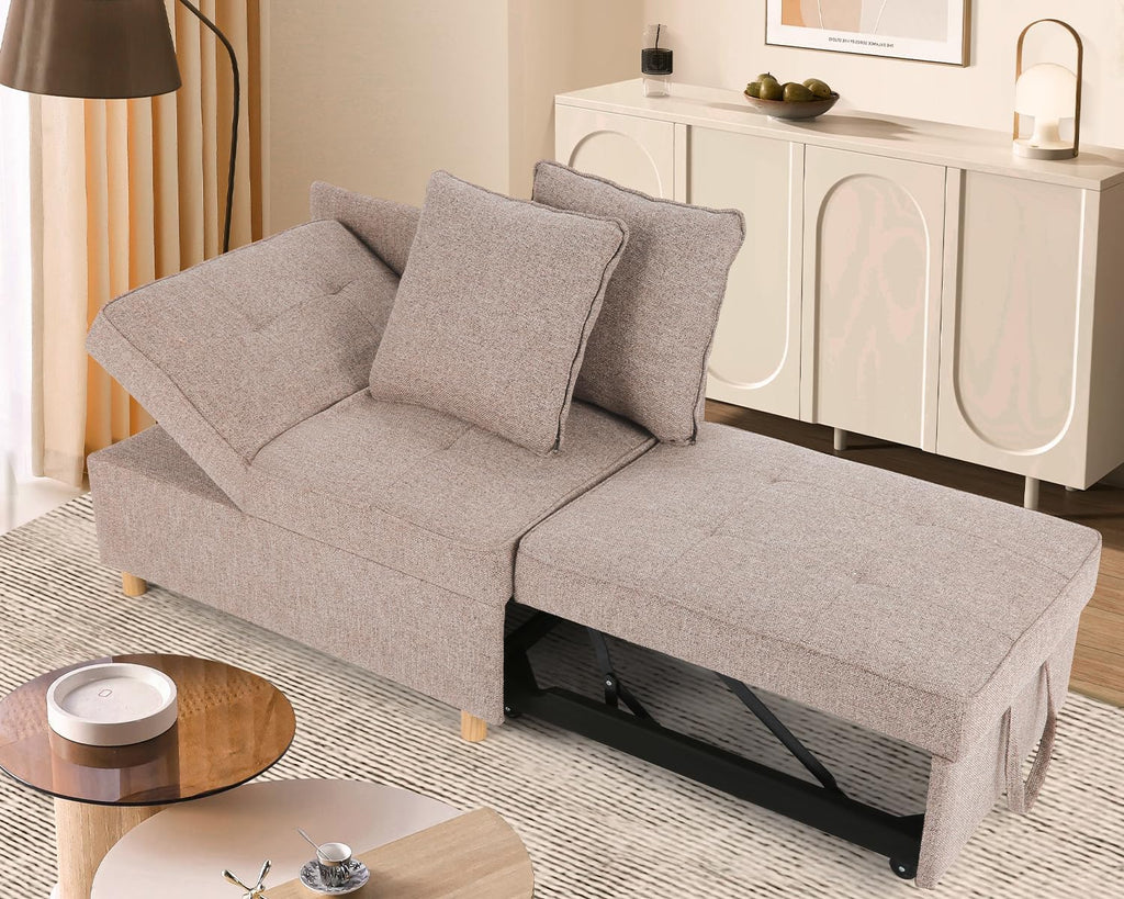 SEJOV 71' Convertible Couch Bed, Brown Wood Loveseat Sofa, Adjustable Couch Sleeper with Pull Out Bed, Modern Linen Fabric Space-Saving Sofas for Living Room, Apartment and Office,Light Brown