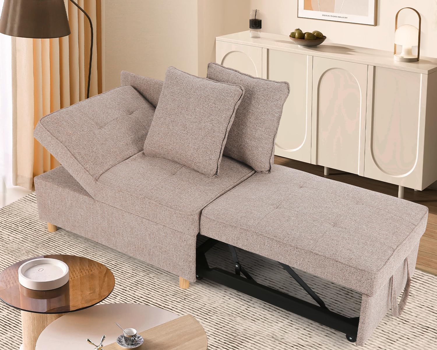 SEJOV 71' Convertible Couch Bed, Brown Wood Loveseat Sofa, Adjustable Couch Sleeper with Pull Out Bed, Modern Linen Fabric Space-Saving Sofas for Living Room, Apartment and Office,Light Brown