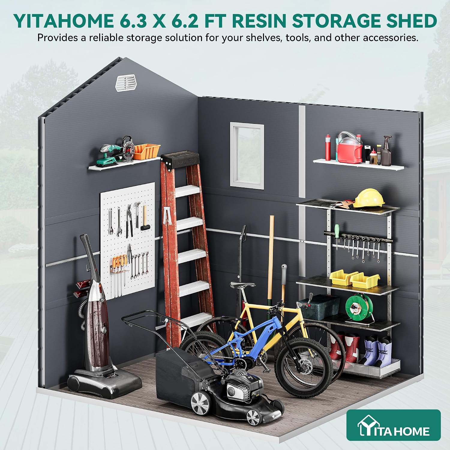 YITAHOME 6x6FT Outdoor Storage Shed w/o Floor, All-Weather Plastic Shed with Lockable Doors, Window & Vents, Plastic Tool Shed for Backyard, Patio, Poolside, Lawn, Gray