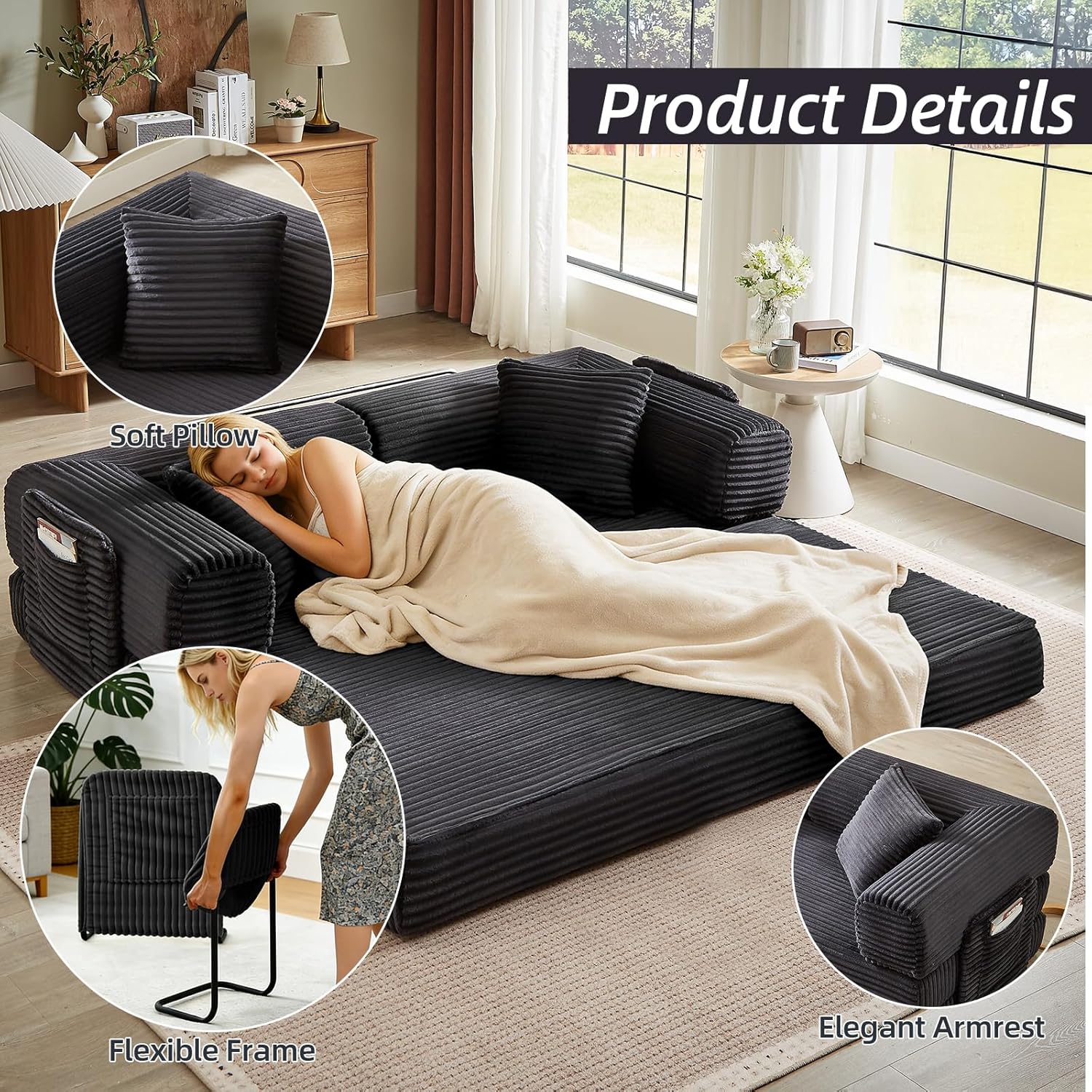 81 Inch Convertible Futon Sofa Bed,Fold Out Floor Sofa Couch with Fixed-Shape Frame,Corduroy Foldable Mattress Pull-Out Couches for Living Room (Dark Grey)
