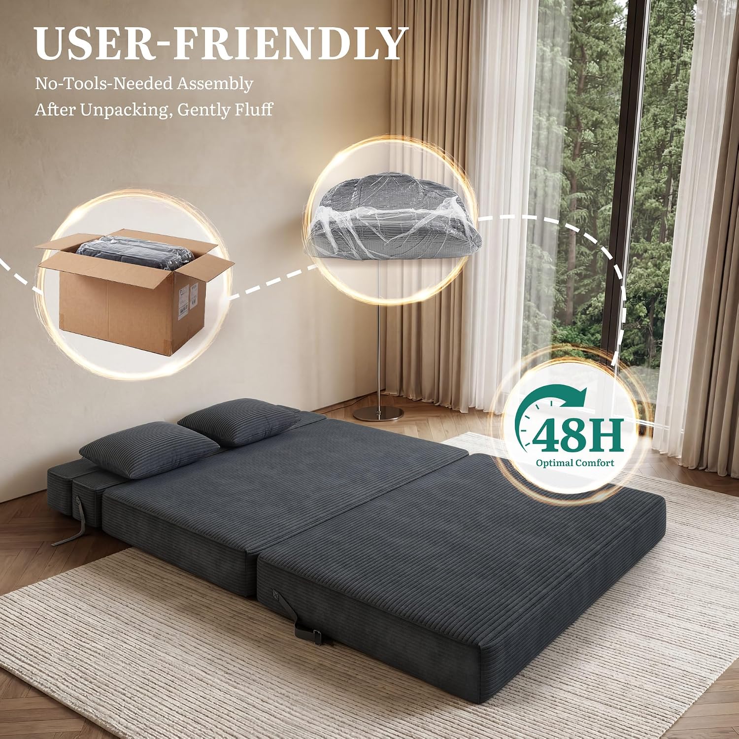 YITAHOME Convertible Sofa Bed, Floor Futon Couch with Corduroy Cover & High-Density Memory Foam, Folding Chair Bed for Dorms Guest Room and Apartment, Queen Size, Black