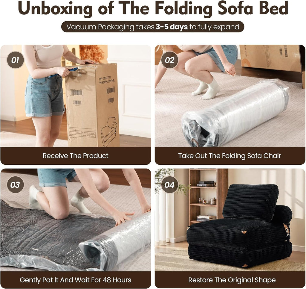 ovios Folding Sofa Bed, Foldable Sleeper Chair Floor Futon, Comfy Portable Convertible Fold Out Lounge Chairs for Living Room Bedroom, Black