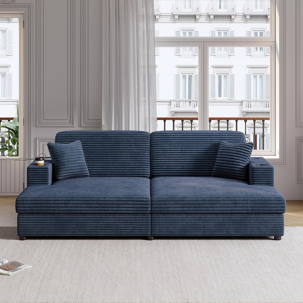 86.5' Oversized Double Chaise Lounge Indoor Corduroy Upholstered Sofa Bed , Deep Seat Lounger Loveseat Recliner Daybed with Dual USB Ports , Two Cup Holders and Throw Pillows for Living Room Bedroom