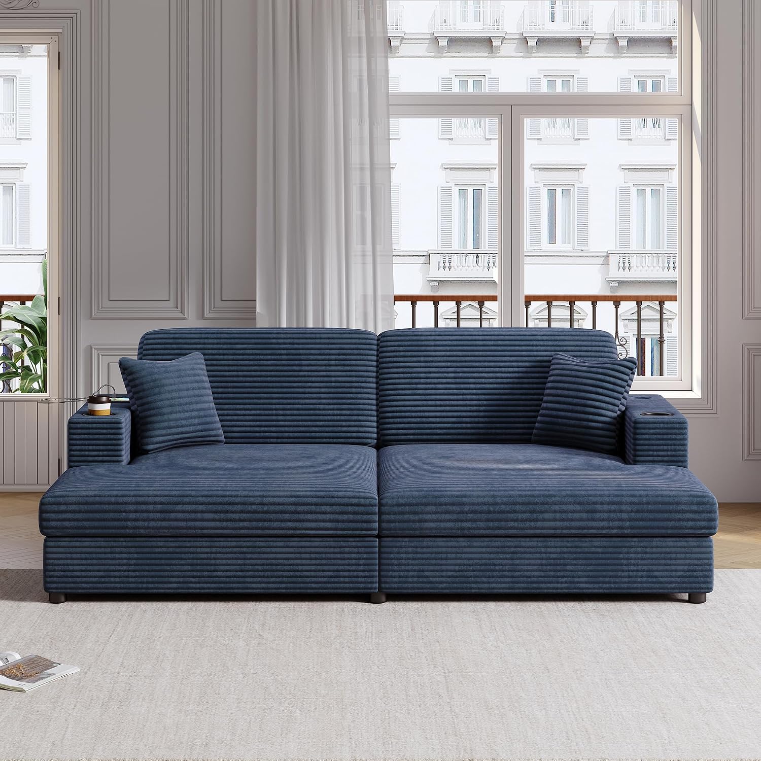 86.5' Oversized Double Chaise Lounge Indoor Corduroy Upholstered Sofa Bed , Deep Seat Lounger Loveseat Recliner Daybed with Dual USB Ports , Two Cup Holders and Throw Pillows for Living Room Bedroom