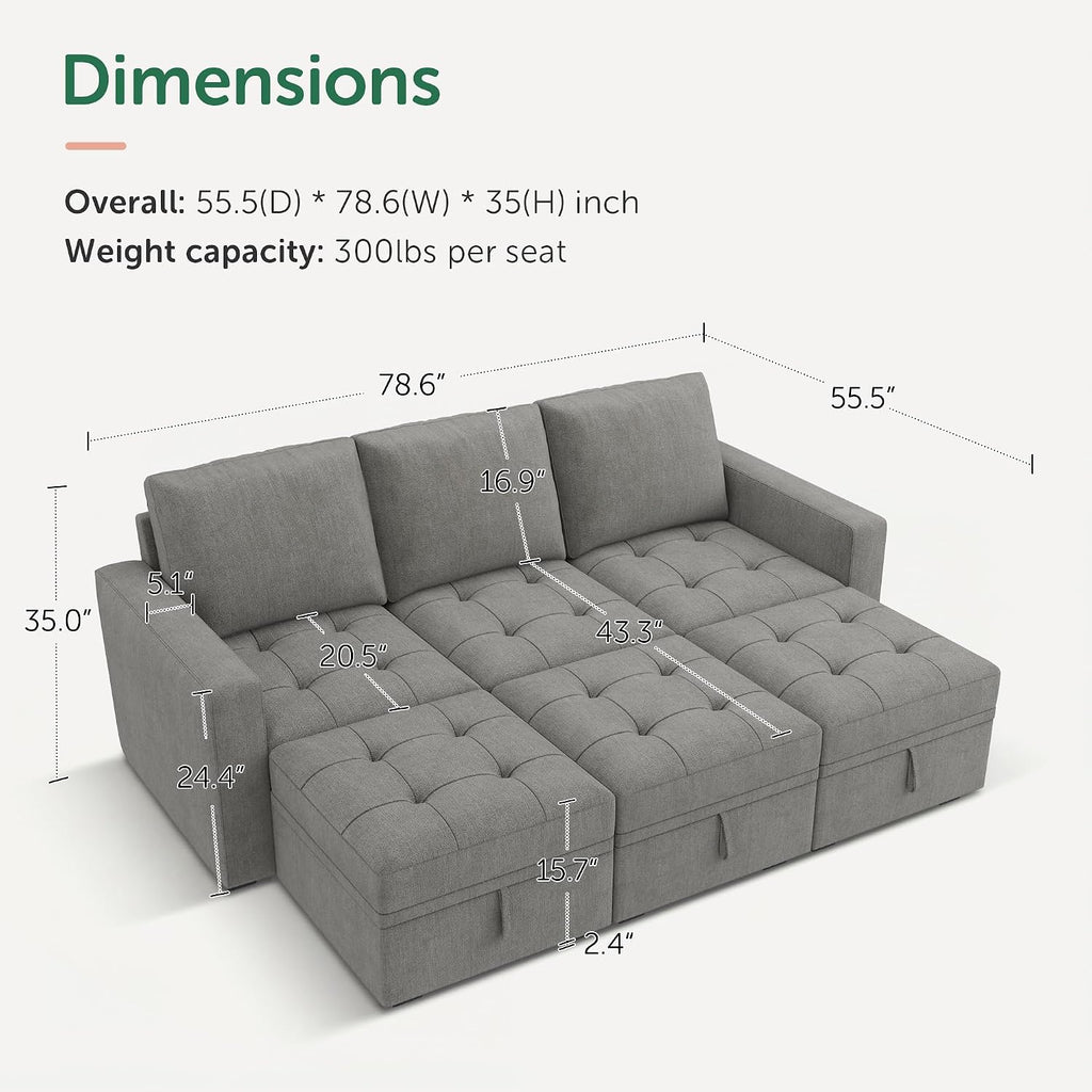 HONBAY Modular Sectional Sleeper Sofa, Sleeper Couch with Storage Seats Oversized Sectional Couches for Living Room,Warm Grey
