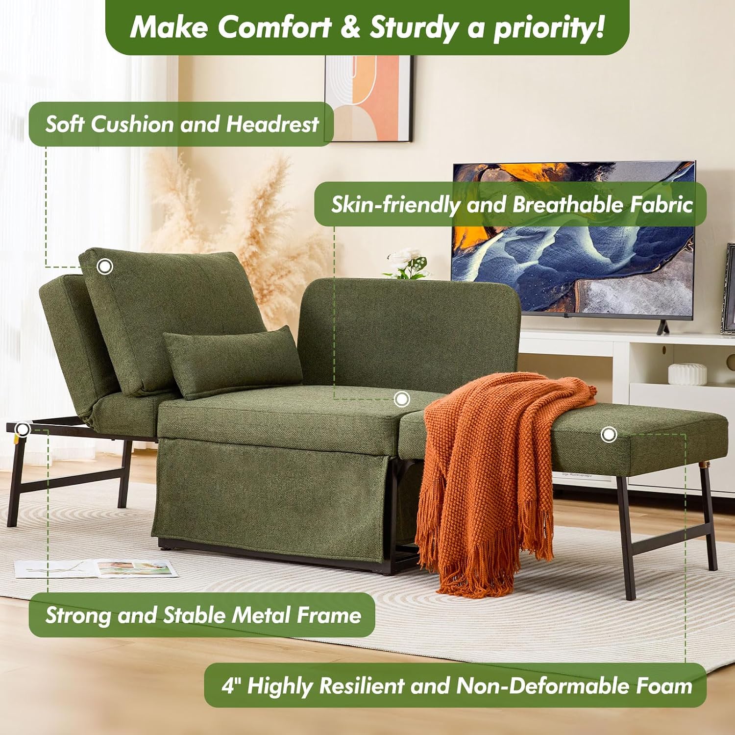 ZZW Sleeper Chair Bed Upgrade 4-in-1 to 5-in-1 Convertible Multi-fuction Sofa Chair w/Adjustable Backrest Assembly-Free Linen Folding Sofa Ottoman Bed for Living Room Apartment (Deep Green)