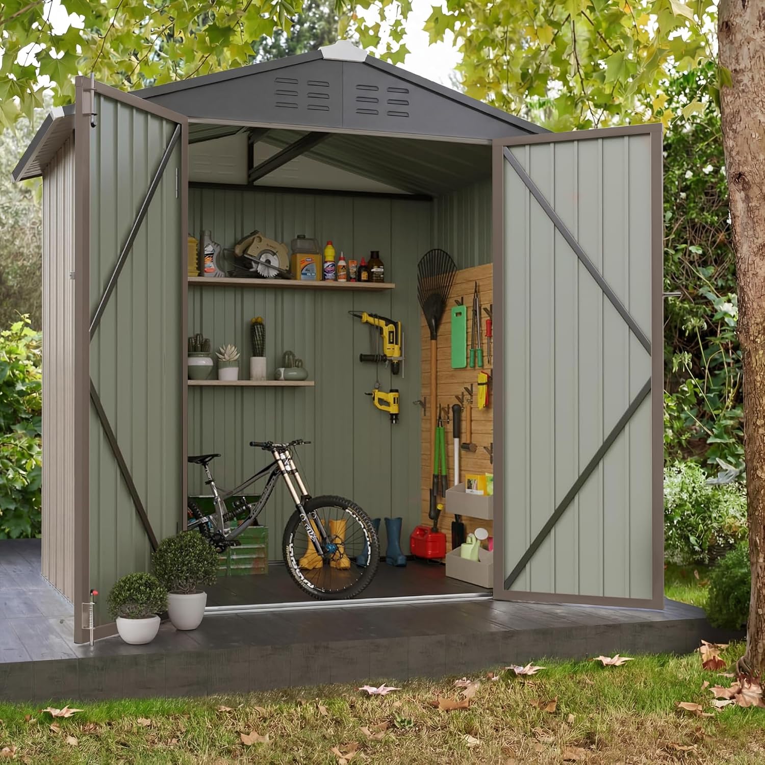 JUMMICO Metal Outdoor Storage Shed 6 x 8 FT Metal Shed with Lockable Door,Waterproof Garden Tool Shed Storage House for Backyard Patio Lawn,Brown
