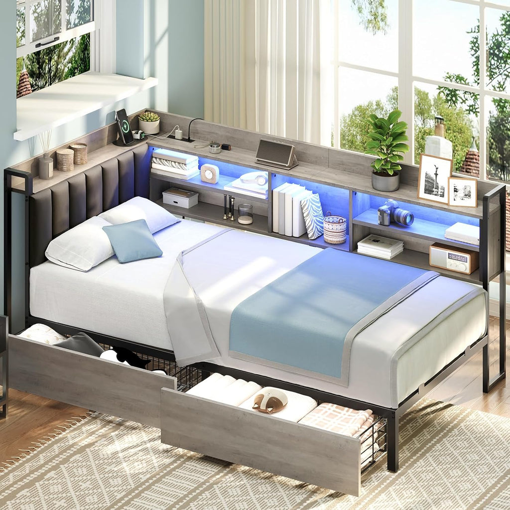 RALGEND Corner Bed Frame with Bookcase Storage and PU Upholstered, Twin Daybed with 2 Drawers and Charging Station, Metal Platform Bed Fram for Living Room, Bedroom, Guest Room, Gray and Black
