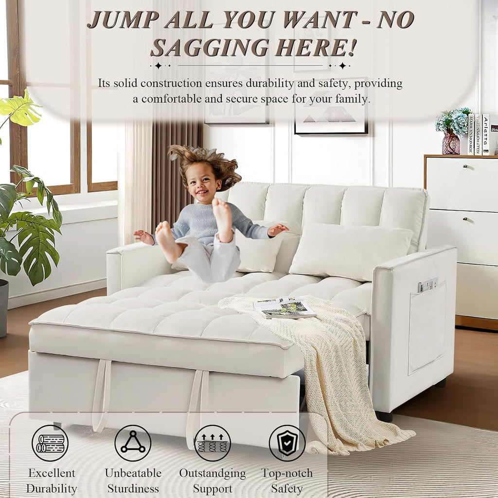 3 in 1 Convertible Sleeper Sofa Bed, Futon Couches for Living Room with Side Pocket/Adjustable Backrest, Velvet Upholstered Pull Out Couch, Small Loveseat Sofa Bed for Bedroom Office Small Spaces
