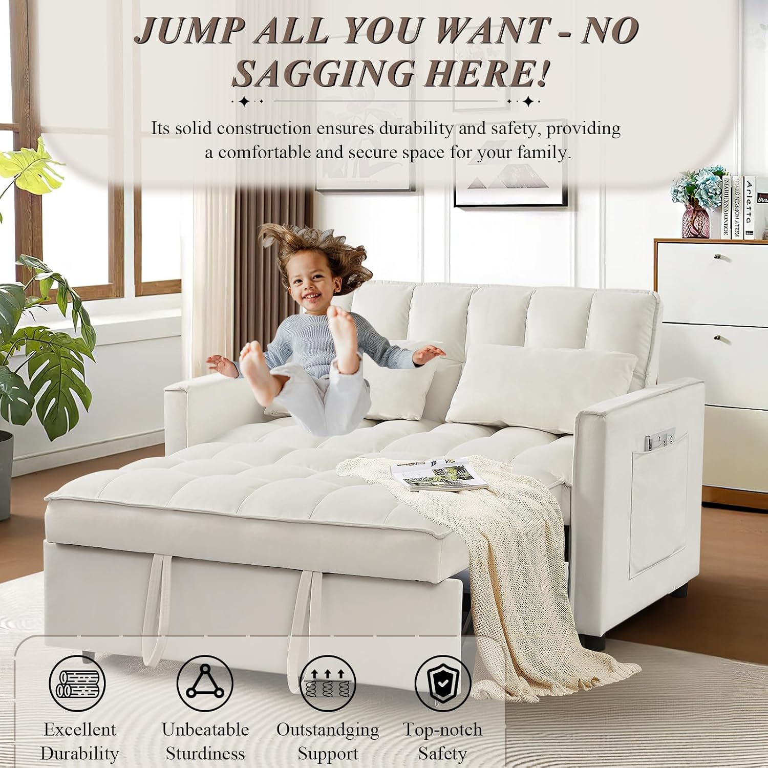 3 in 1 Convertible Sleeper Sofa Bed, Futon Couches for Living Room with Side Pocket/Adjustable Backrest, Velvet Upholstered Pull Out Couch, Small Loveseat Sofa Bed for Bedroom Office Small Spaces