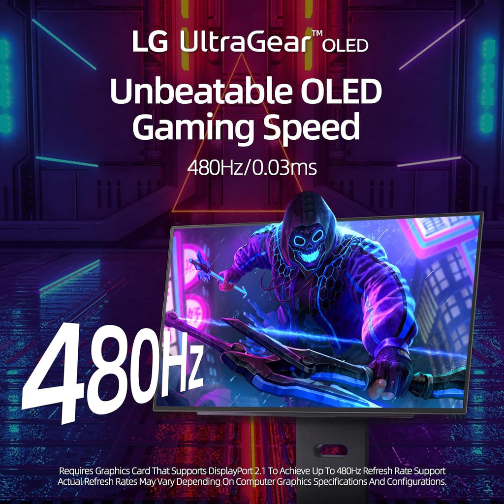 LG 27' OLED QHD (2560 x 1440) Gaming Monitor, 480Hz, 0.03ms, FreeSync Premium Pro, G-Sync Compatible, DisplayHDR True Black 400, DCI-P3 98.5%, RGB Lighting, Adjustable Stand