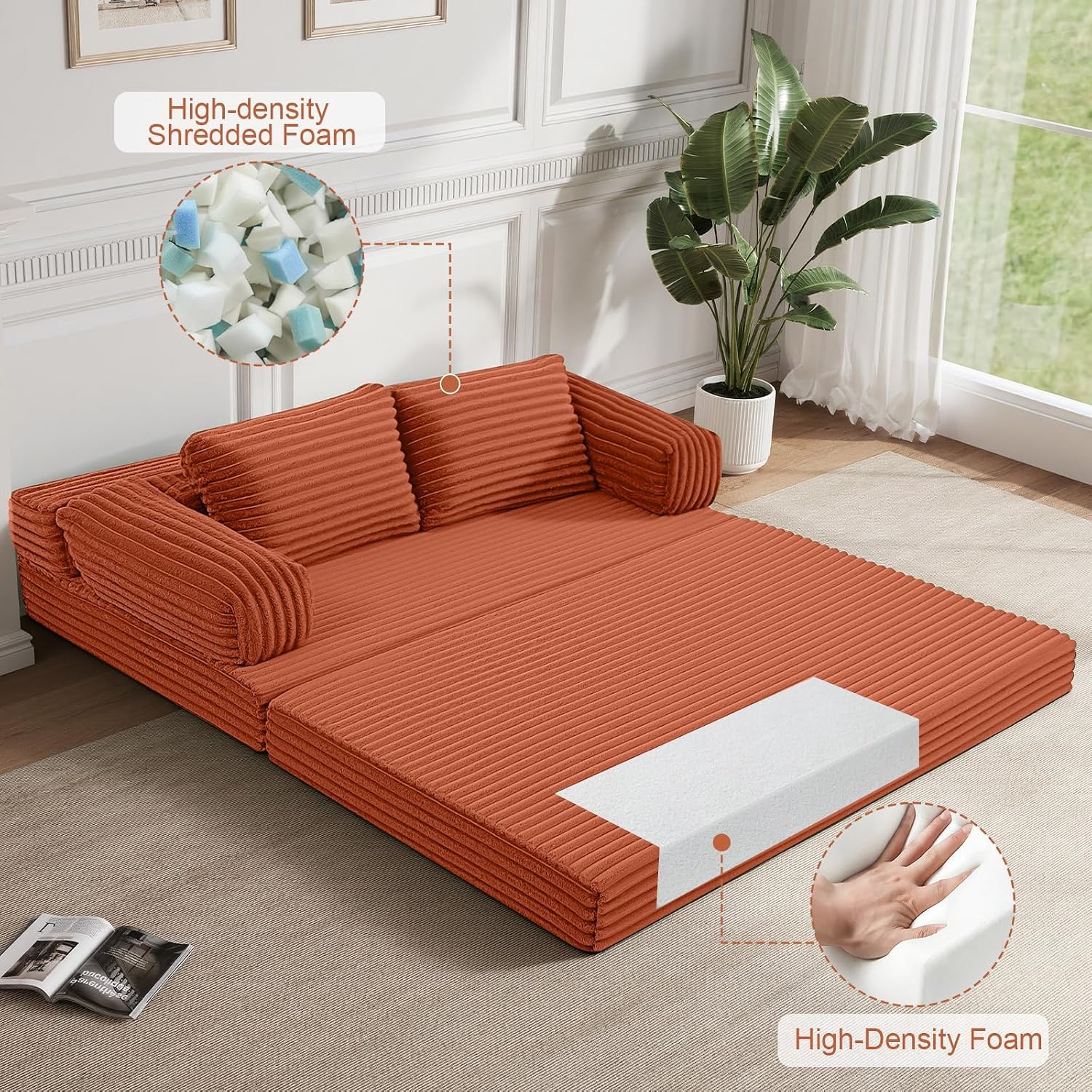MeMoreCool Convertible Sofa Bed, Folding Floor Couch Bed Queen, Pull Out Sleeper Couch with Pillows, Fold Out Futon Sofa for Bedroom Living Room Small Space, Corduroy Orange