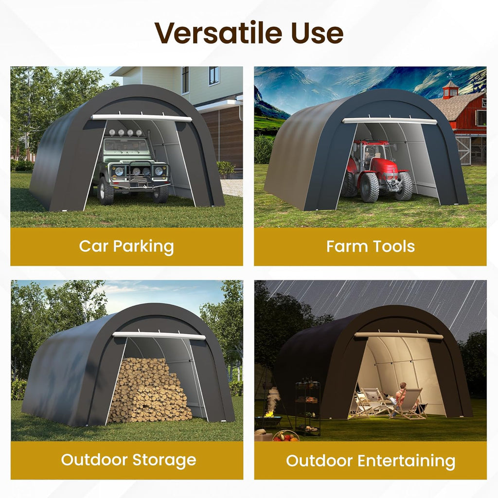 Kiss the Water Domed Carport with 4 Cloth Bags, Portable Garage with 2 Roll-up Doors, Heavy Duty Car Canopy Party Tent, All-Season Storage Shelter Shed for Cars, Truck, or Garden Tools, 13' x 20'