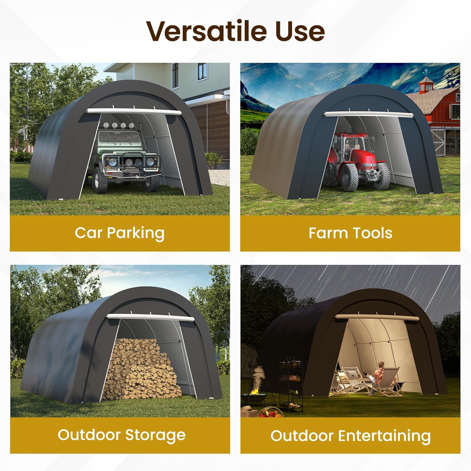 Kiss the Water Domed Carport with 4 Cloth Bags, Portable Garage with 2 Roll-up Doors, Heavy Duty Car Canopy Party Tent, All-Season Storage Shelter Shed for Cars, Truck, or Garden Tools, 13' x 20'