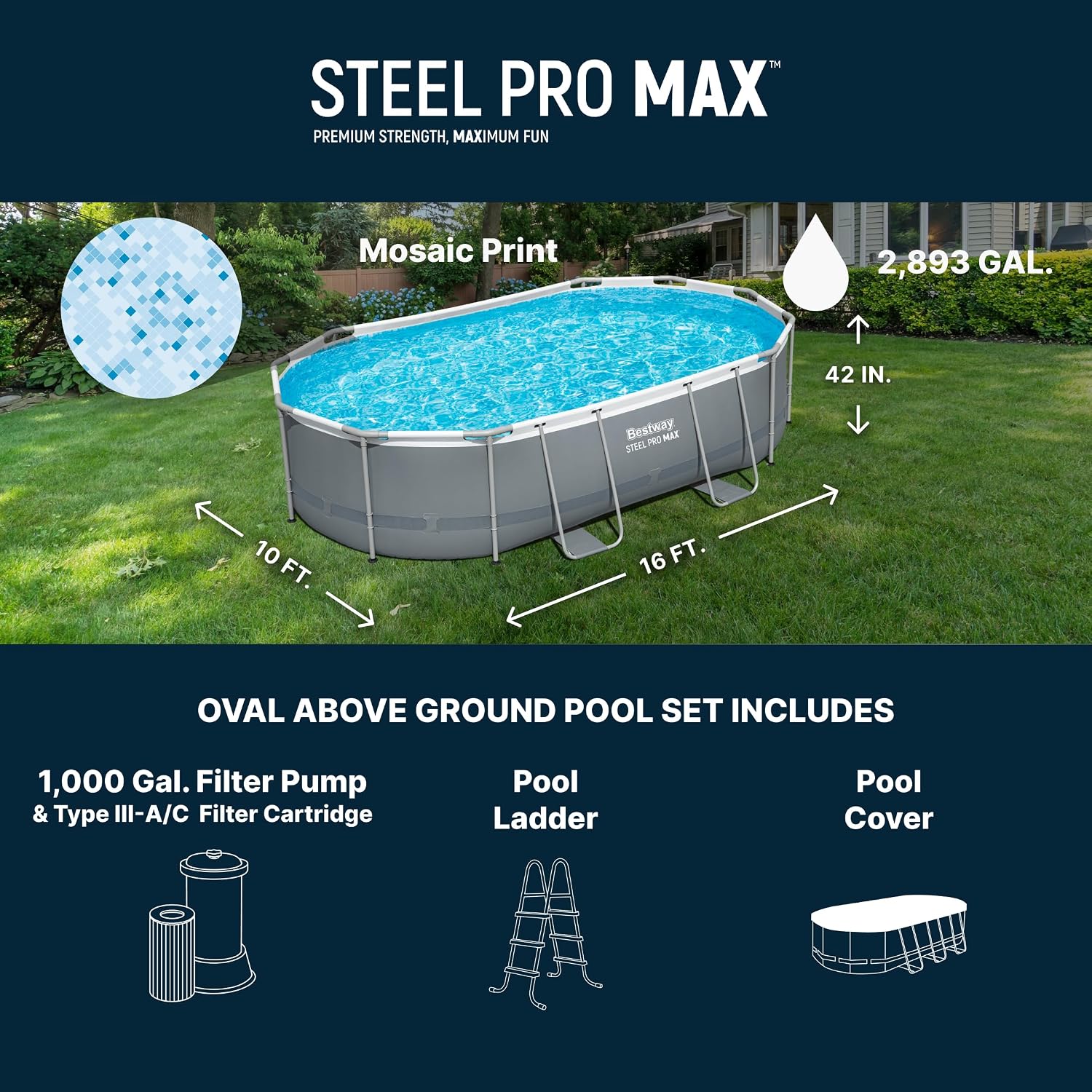 Bestway Steel Pro MAX 16' x 10' x 42' Above Ground Pool, Oval Metal Frame Outdoor Swimming Pool Set with Filter Pump, Ladder, and Cover, Gray