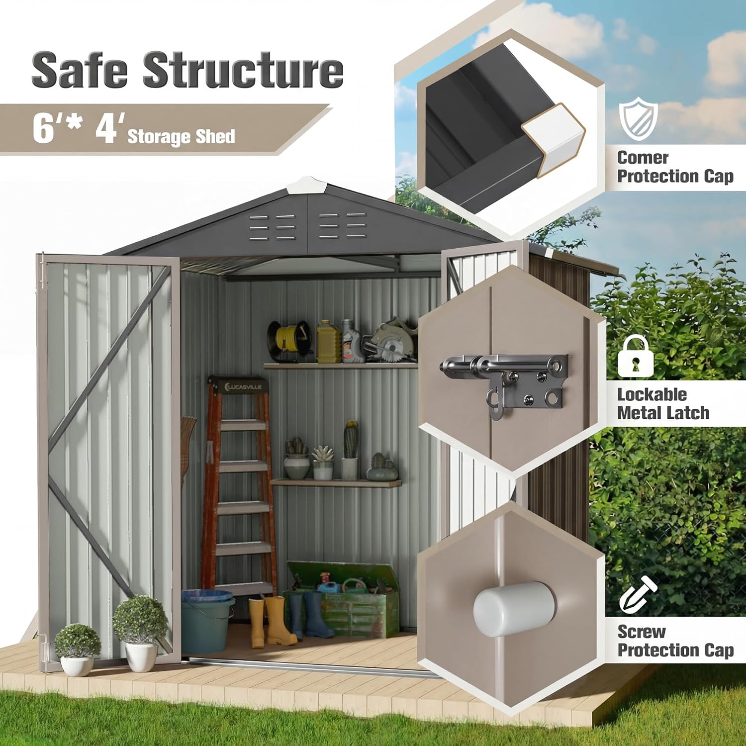 JUMMICO Metal Outdoor Storage Shed 6 x 8 FT Metal Shed with Lockable Door,Waterproof Garden Tool Shed Storage House for Backyard Patio Lawn,Brown